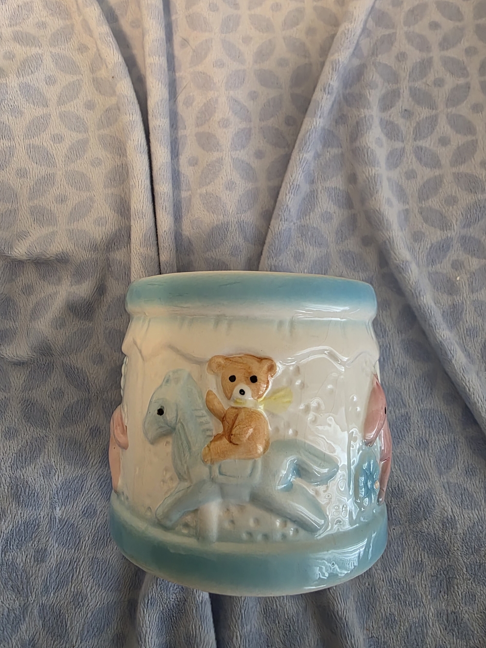 Pastel Blue Ceramic Baby Carousel Planter with Teddy Detail